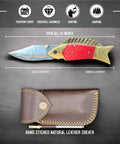 Handmade Copper Damascus Folding Knife With Ladder Pattern Blade Brass Engraved Red Resin Handle Leather Sheath EDC Ready