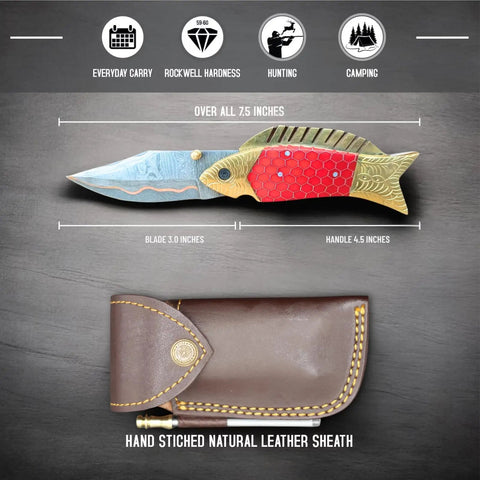 Handmade Copper Damascus Folding Knife With Ladder Pattern Blade Brass Engraved Red Resin Handle Leather Sheath EDC Ready