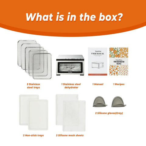 What is in the box for Heavy Duty Five Tray Electric Food Dehydrator With Digital Timer And Temp Control Up to 176 Degrees Fahrenheit.