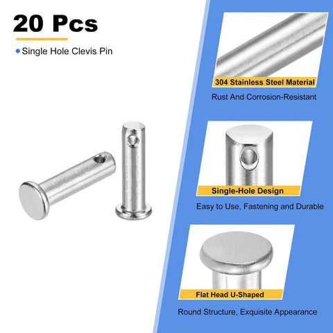 20 Pieces M8 X 30mm Single Hole Clevis Pins in 304 Stainless Steel, showing flat head design and corrosion resistance.
