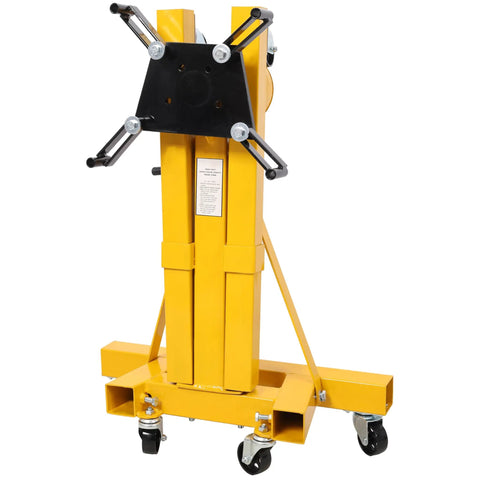 Heavy Duty Folding Engine Stand With Geared Rotating Head And 360 Degree Swivel Casters 1500 Lb Capacity, yellow steel construction.