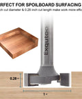 One Quarter Inch Shank One Inch Cutting Diameter T Shape CNC Spoilboard Surfacing Router Bit For Bottom Cleaning And Wood Milling Planing Tool Pro Grade Carbide Mortising Router Bit Long Lasting shown with dimensions and hardwood example.