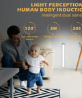 Father and baby with 15.7 Inch Wireless Motion Sensor Under Cabinet Lights With 120 LED installed in living room corner.
