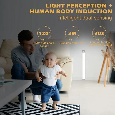 Father and baby with 15.7 Inch Wireless Motion Sensor Under Cabinet Lights With 120 LED installed in living room corner.