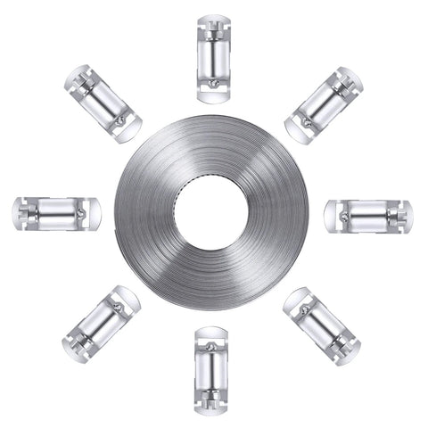Stainless steel DIY band clamp kit with 30 ft strap and eight fasteners; coil of metal hose clamps