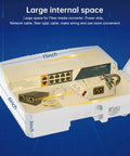 Outdoor PoE Switch With Ten Ports And Two Gigabit Uplinks, IP65 Waterproof, 120W Built In Power, internal space view with dimensions