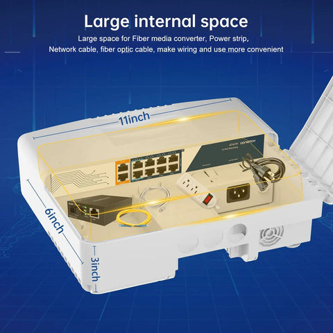 Outdoor PoE Switch With Ten Ports And Two Gigabit Uplinks, IP65 Waterproof, 120W Built In Power, internal space view with dimensions