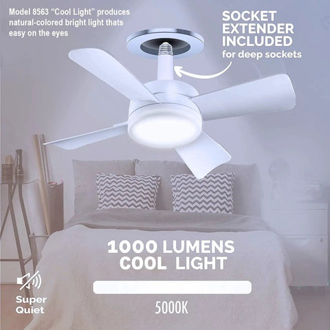 Slick Socket Ceiling Fan With Blazing Led Bulb And E26 Screw Base Mini Light Fixture For Bedroom Kitchen Living Room Or Balcony in white with four blades.
