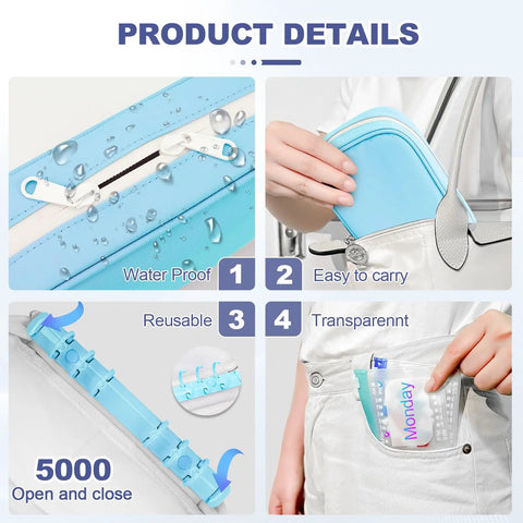 Weekly Pill Organizer For Travel With 14 Pill Pouch, Waterproof, Twice Daily Dosing, BPA-Free Medicine Storage, Blue shown in detail