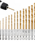 All Purpose 13 Piece Drill Bit Set With 135 Degree Titanium Coated High Speed Steel Bits In A Hard Storage Case For Wood Metal Plastic Aluminum Copper Fiberglass And More Ideal For Electric Drills on display