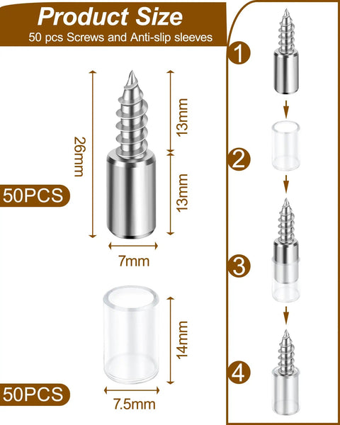 Product size diagram for 50 Pack Heavy Duty Cabinet Shelf Pin Brackets With Non Slip Sleeves And Integrated Mounting Screws.