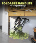 Electric Tiller Cultivator 14 Inch With Folding Handle stored compactly under workbench