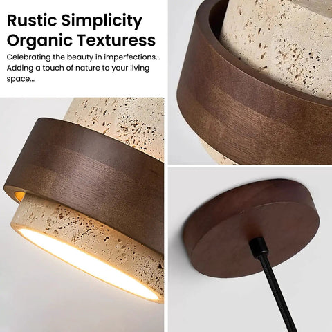 Axamate Wabi Sabi Pendant Light Natural Stone Chandeliers Dia 8" showcasing rustic wood and stone textures, ideal for modern living spaces.