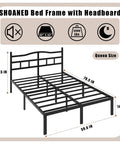 Queen Size Metal Platform Bed Frame In Black With Secure Headboard, heavy duty steel slats, dimensions labeled for easy setup.