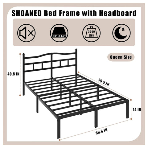 Queen Size Metal Platform Bed Frame In Black With Secure Headboard, heavy duty steel slats, dimensions labeled for easy setup.