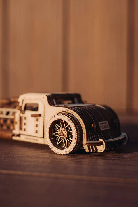 Hot Rod 3D Wooden Puzzle Car Kit for Adults No Glue Needed 280 Pieces Natural Wood Model, side view