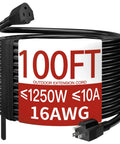 Ultra Tough Outdoor Extension Cord 100 Ft 16 AWG 10A 1250W 125V SJTW Waterproof Weatherproof Flame Retardant Black Coiled View