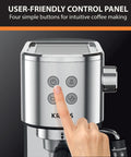 Heavy Duty 15 Bar Espresso Maker With Sca Certified Precision Temperature Control And Sleek Automatic Milk Frother control panel with buttons.