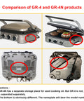 Comparison of GR-4 and GR-4N contact grills showing cooking controls and design features.