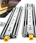 Heavy Duty Locking Drawer Slides Full Extension Side Mount Runners with steel tracks, showing ball bearings and a drawer.