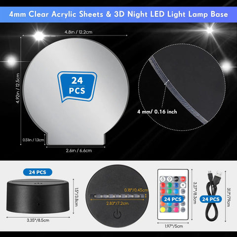 Dimensions and components of 24 Pack 3D Night Light Bases With Clear Acrylic Sheets Remote Controls And USB Cables DIY Lamp Kit