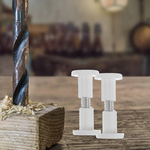 50 White Wood Panel Fasteners And Connector Bolts Kit For Cabinet And Tabletop Assembly, shown with drill and wood shavings