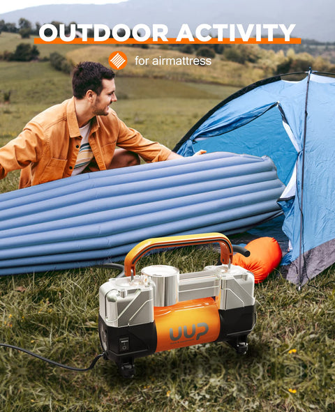 Beefy Heavy Duty 12V DC Double Cylinder Tire Inflator near tent with air mattress outdoors