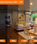 Living room lighting with GU10 Halogen Bulb Dimmable 50W 120V Warm White 2800K showcasing dimming levels 10% to 100%.