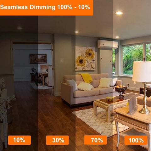 Living room lighting with GU10 Halogen Bulb Dimmable 50W 120V Warm White 2800K showcasing dimming levels 10% to 100%.