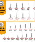 Self Tapping Screws Kit For Metal 1095 Piece Assortment In 410 Stainless Oxide Finish showing No 8 No 10 M2 M3 M4 sizes