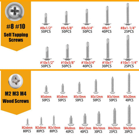 Self Tapping Screws Kit For Metal 1095 Piece Assortment In 410 Stainless Oxide Finish showing No 8 No 10 M2 M3 M4 sizes
