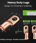 Heavy duty lugs for 0 Gauge Car Audio Wiring Kit 3-In-1 With 1/0 AWG CCA Power And Ground Cable, shown with dimensions.