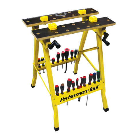 Portable All In One Workbench With Vise 200 Lb Capacity Folding Design For Easy Carry On The Go Printed Grid Tabletop With Ruler And Protractor One Handed Clamp System Jaws Resist Warping Yellow