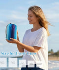 Woman holding Extra Large Beach Blanket Waterproof And Sand Free For 3 To 4 People 7 By 7 Feet Lightweight Beach Mat in blue pouch
