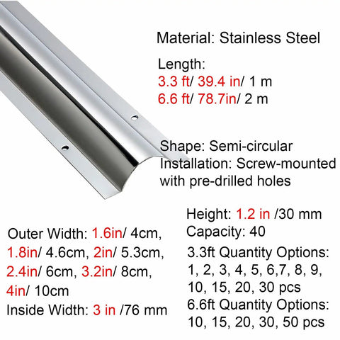 Stainless Steel Cable Cover For Ceiling Wall And Floor Paintable Cable Management Channel With Perforated Installation 79 Inch Long By 4.5 Inch Wide Heavy Duty Wire Protector For Home Office And Entertainment Rooms, semi-circular shape, screw-mounted with pre-drilled holes, shown with dimensions and quantity options.
