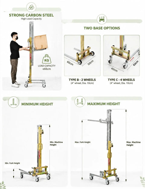 Heavy Duty Portable Fork Lift Manual Stacker With Winch Handles Up To 80kg shown lifting a box, two wheel and four wheel base options.