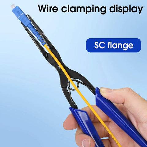 Blue-handled flange fiber optic pliers holding a yellow fiber for SC/LC connectors.