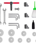 Built Tough 7 X 12 Inch Mini Metal Lathe Benchtop Machining Station tools and accessories including wrenches and gears.