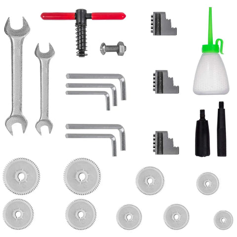 Built Tough 7 X 12 Inch Mini Metal Lathe Benchtop Machining Station tools and accessories including wrenches and gears.