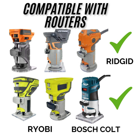 Circle Cutting Jig For Trim Routers, Your Go To Tool For Perfect Circular Cutouts Every Time, Adjustable Radius From 1.6 Inches To 37 Inches, Universal Fit For Popular Routers, Woodworking Tool With Clean Edges And Repeatable Results, Made In USA compatible routers display.
