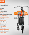 Front view of orange VEVOR electric chain hoist with chain, hook and remote control