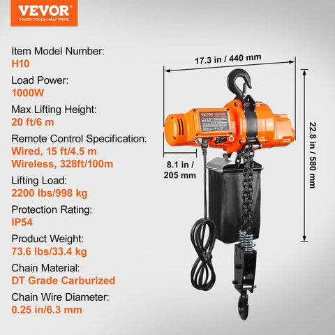 Front view of orange VEVOR electric chain hoist with chain, hook and remote control