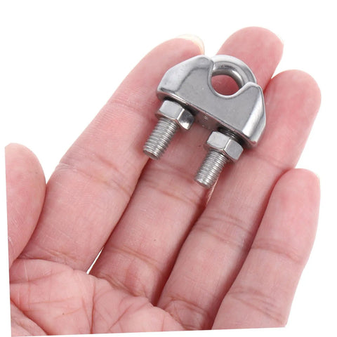 Heavy Duty Stainless Steel Wire Rope Cable Clamp U Bolt Fastener For 6mm Line held in hand, showcasing metal grip and design.