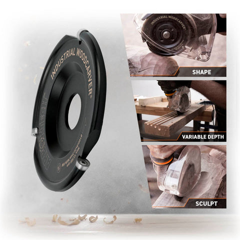 Industrial Woodcarver Carbide Wood Carving Disc for Angle Grinder 100mm shown shaping, cutting variable depth, and sculpting wood.