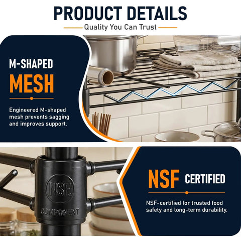 5-Tier Wire Shelf Storage Rack In Black, Heavy-Duty Steel, 36 x 14 x 72 Inch, Handles Up To 250 Lbs Per Level, 1250 Lbs Total Capacity, Perfect Kitchen Or Garage Organizer For Real Go-To Storage Power with M-shaped mesh and NSF-certified frame