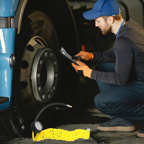 Top Tier Yellow PU Coil Air Hose With Quick Lock Connector For Air Compressor And Pneumatic Tools delivering high performance in tire maintenance.