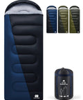 XXL Winter Sleeping Bag For Adults And Kids With Compression Sack, Four Season Cold Weather Camping Gear, various colors displayed.