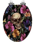 Elongated Resin Toilet Seat for Bathroom featuring floral design with skull, 18.5 inches long, suitable for standard toilets.