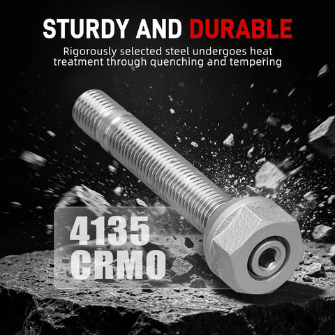Solid 75mm Wheel Stud Conversion Kit Made From Heavy Duty 4135 CrMo Steel With Tough M12 Thread Perfect For Most E-Series Chassis Vehicles And Big Rims. 4135 CrMo wheel stud shown with hex head and M12 thread