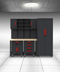 Six Piece Garage Storage System With Heavy Duty Steel Cabinets Drawers Rolling Chest Pegboard And Workbench For Easy Tool Organization In Black Ideal For Home Garages And Workshop Setups shown in a front view.